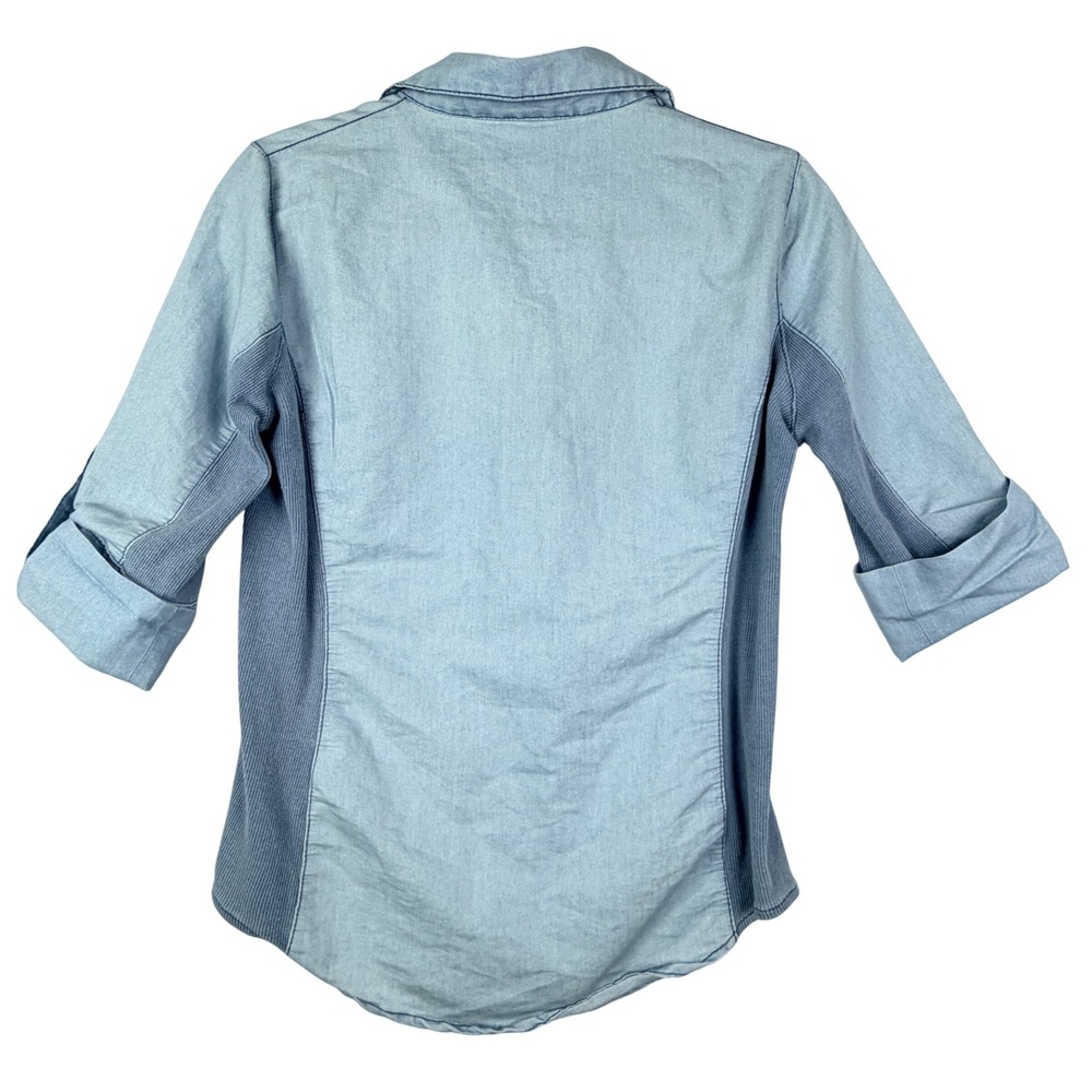 Lapis Women Medium Light Wash Blue Chambray Roll Tab Sleeve Button Shirt Western - Picture 2 of 9